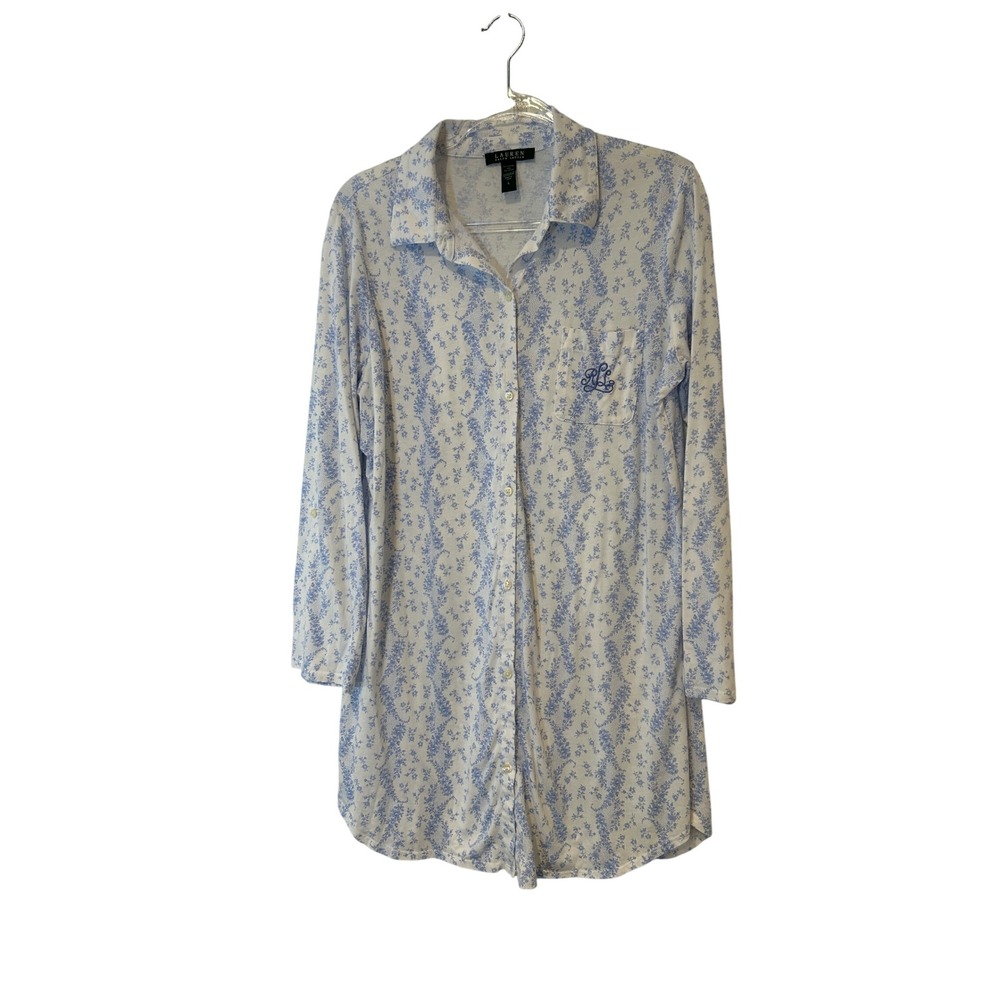 Lauren Ralph Lauren Nightshirt Women Large Blue White Floral Button Up Sleepwear